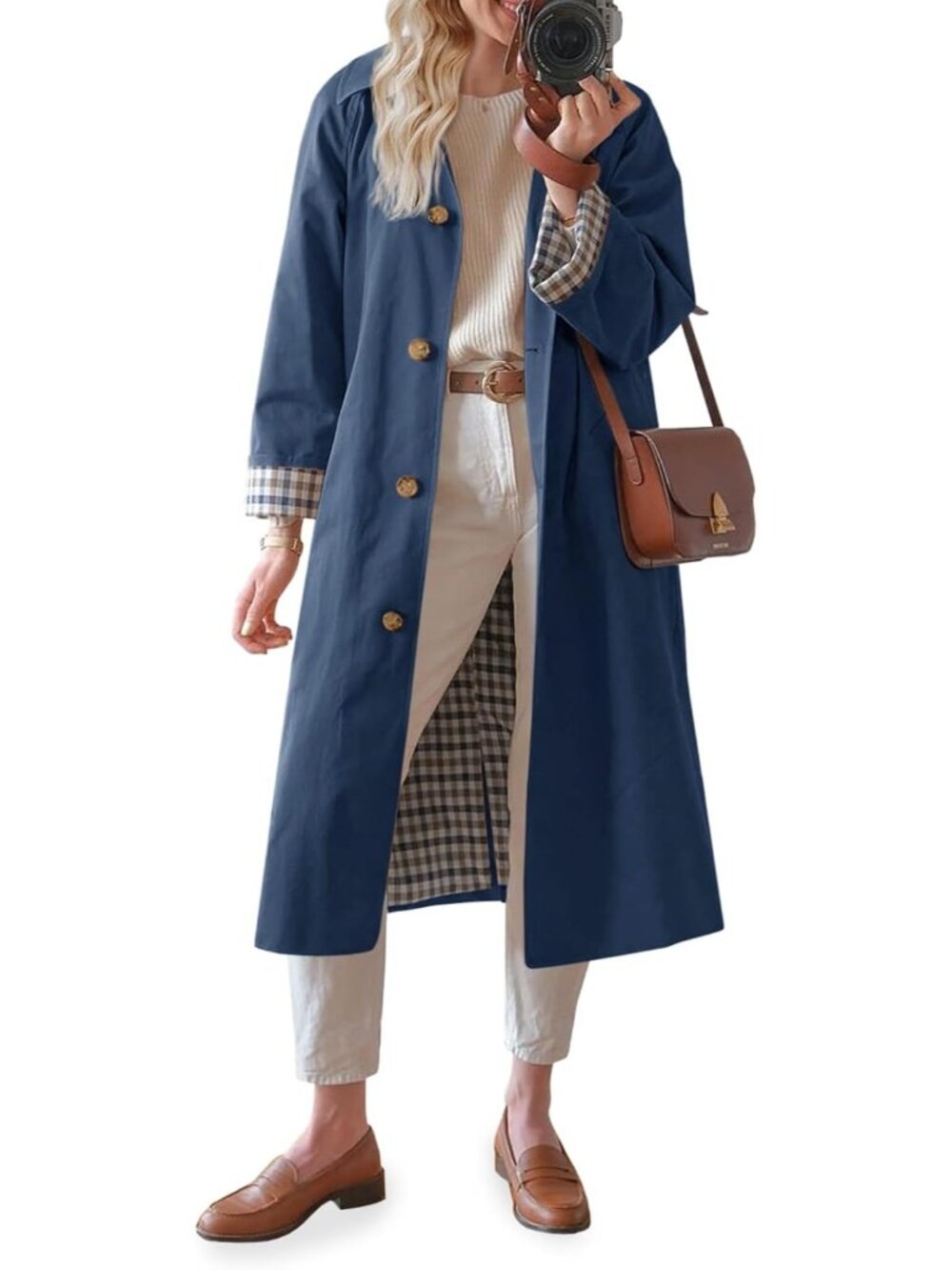 Women's Navy Long Sleeve Oversized Single Breasted Windproof Winter Trench Coat